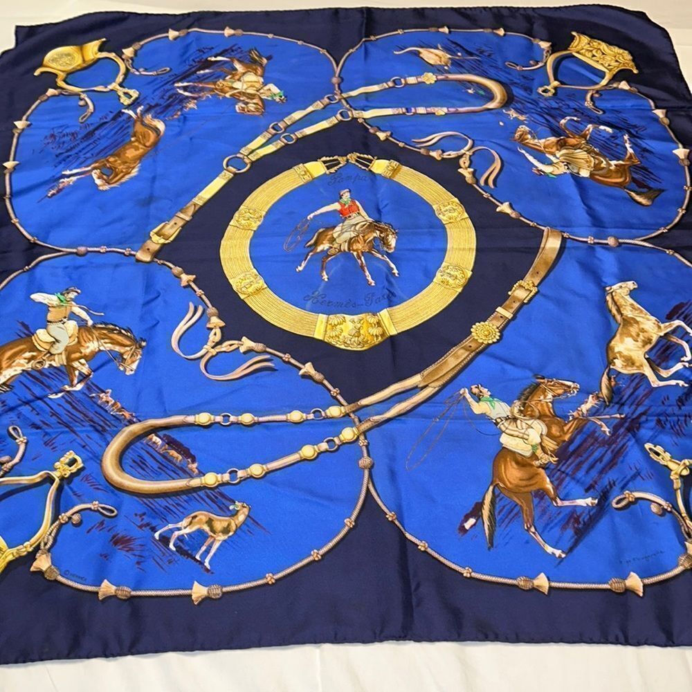 Vintage Hermes Pampa Scarf by Jean De Fougerolle Navy/Royal Blue Gold